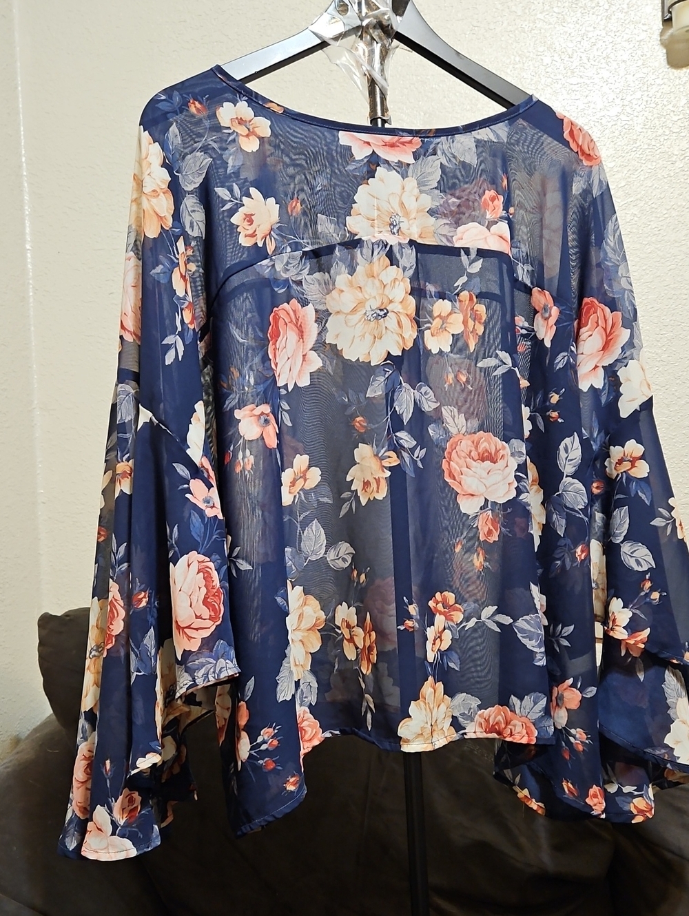 Sheer Navy Floral Kimono Tunic - Navy with Peach Blooms